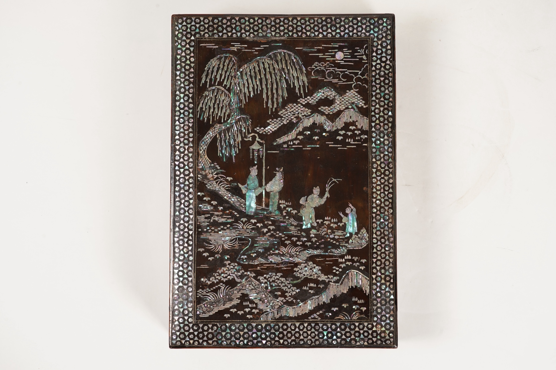 A Chinese Ming mother-of-pearl inlaid lacquer document box and cover, 15th century